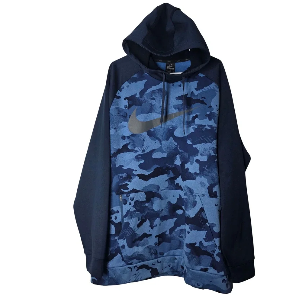 Nike Mens XXL Blue Camo Dri-FIT Hoodie Raglan Pullover Sweatshirt 445591-102931